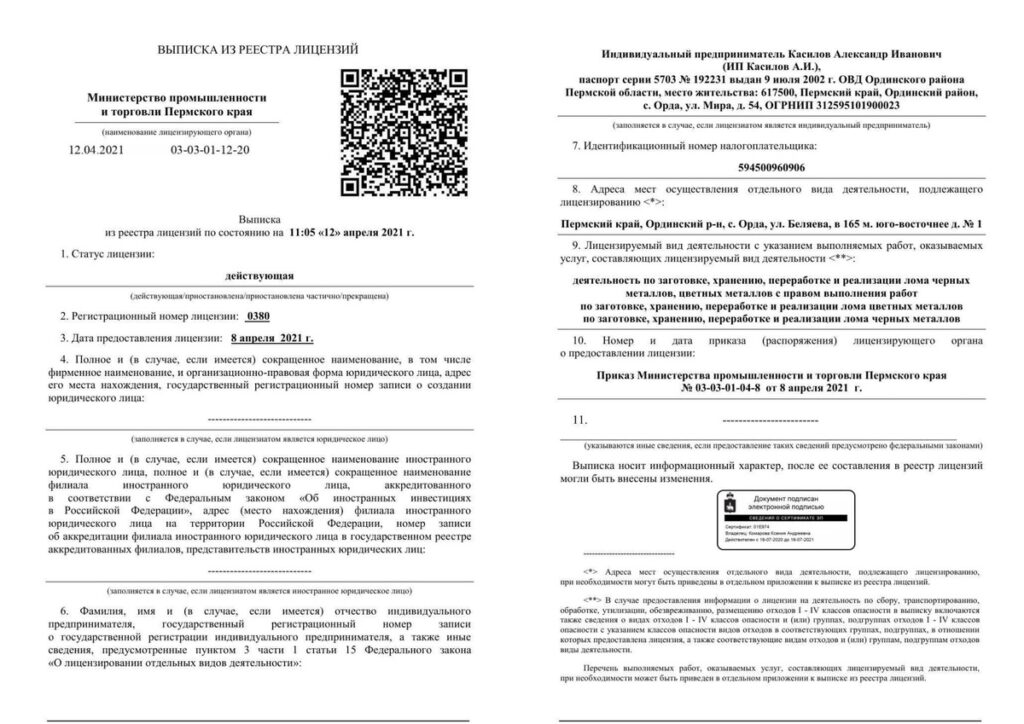 выписка ИП Касилов А.И., оформление лицензии на лом